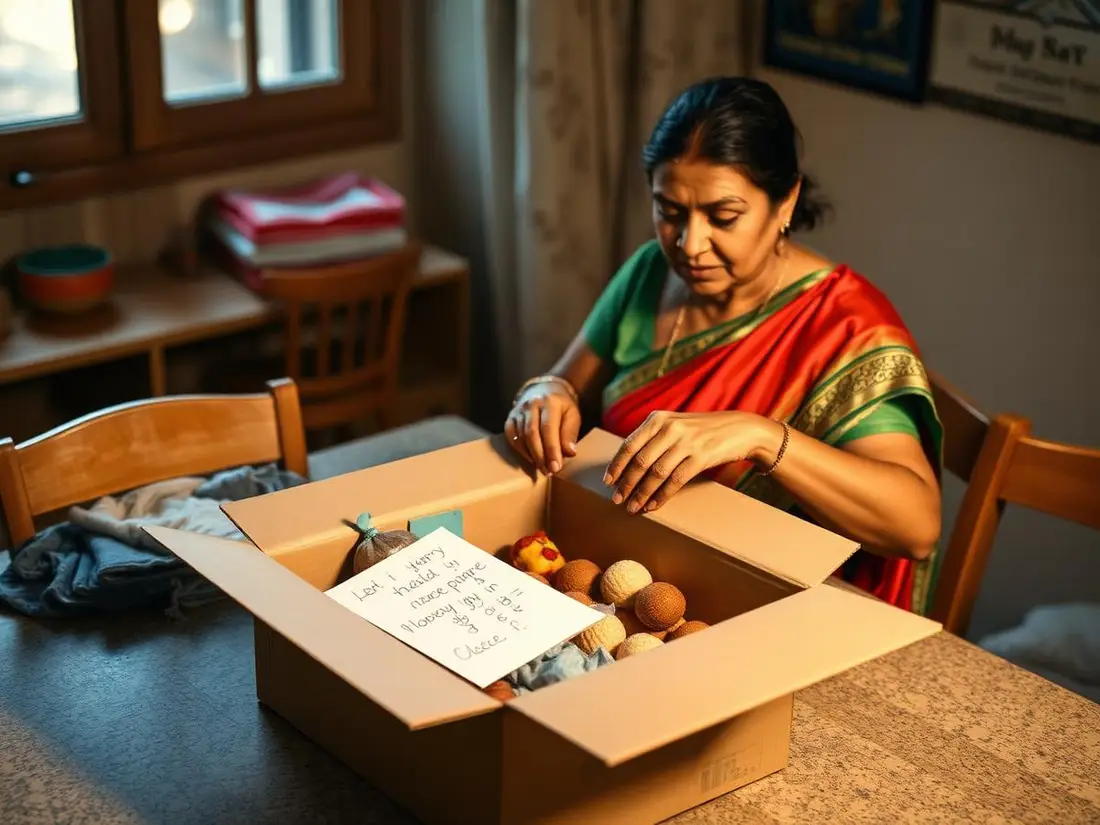 Mother lovingly packing a courier parcel to send to family abroad
