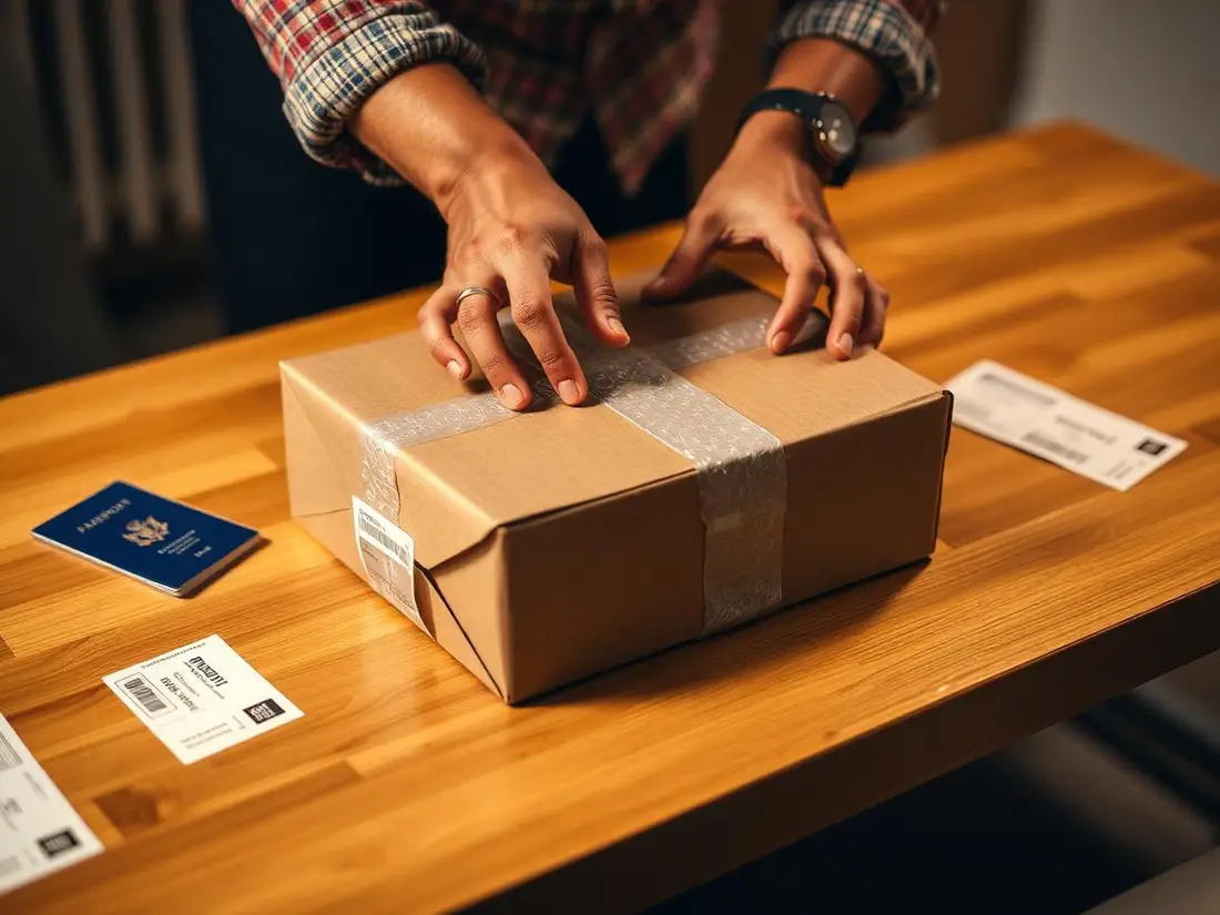 Careful packing of an international courier parcel with documentation