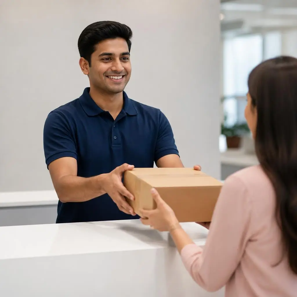 Zephyr Express support agent handing a parcel to a customer at the counter